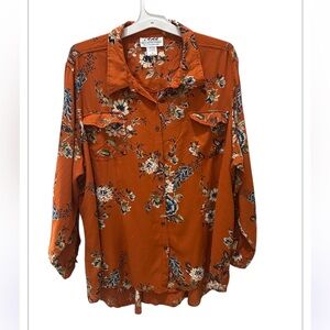 BACK IN THE SADDLE floral button down blouse size 2X burnt orange color